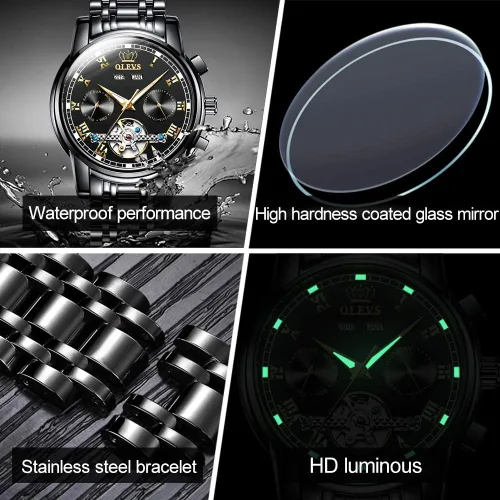 Miniatura 6 de OLEVS Relojes automáticos para hombre, reloj mecánico automático de vestir Tourbillon de acero inoxidable con doble calendario, impermeable