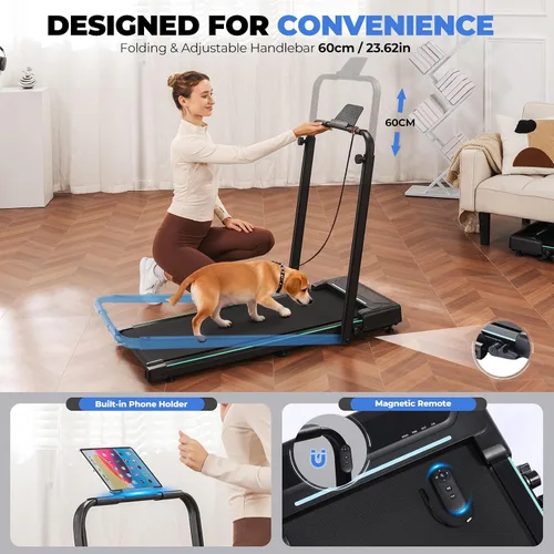 Miniatura 6 de GORISE Walking Pad Treadmill with Adjustable Height Handle Bar, 3HP Quiet Foldable Under Desk Treadmill, Portable Treadmills for Home 350LBS with