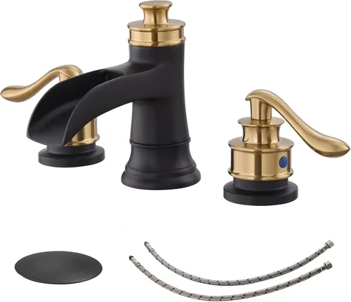 BWE Grifo de baño generalizado de 3 agujeros, negro y dorado, 8 pulgadas, dos asas, grifo de lavabo comercial con tapón de drenaje desplegable de