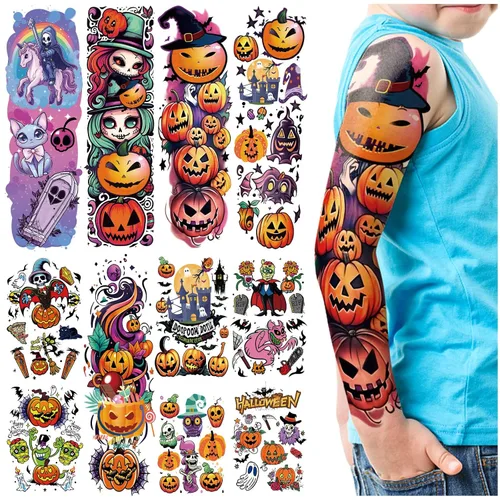Miniatura 9 de 124 tatuajes temporales de Halloween que brillan en la oscuridad para niños, calcomanías de tatuaje falsas luminosas impermeables para fiesta