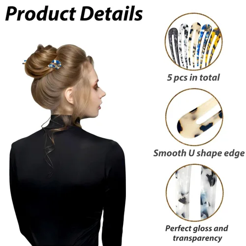 Miniatura 4 de 5 horquillas de pelo francés, horquillas de pelo en forma de U para cabello fino y grueso, 4.5 pulgadas de acetato de celulosa en forma de U