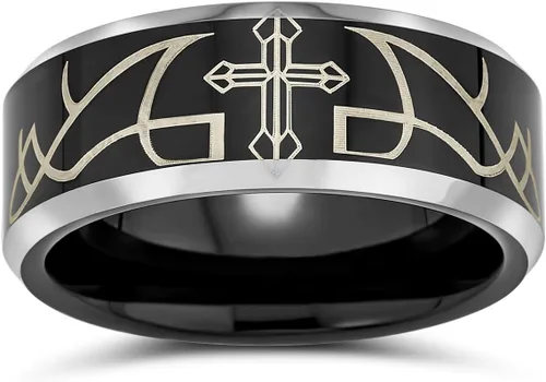 Miniatura 3 de Laser Etched Catholic Religious Black Christ Thorn Cross Titanium Band Ring For Men Comfort Fit 8MM