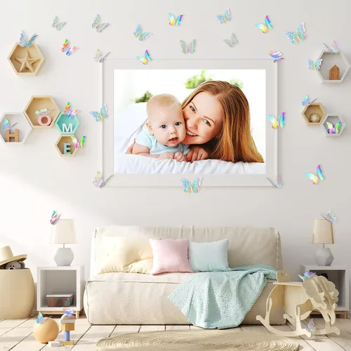 Miniatura 6 de Outus 120 piezas de decoración de pared de mariposas en capas 3D con lentejuelas plateadas, calcomanías de mariposa extraíbles, calcomanías de mural