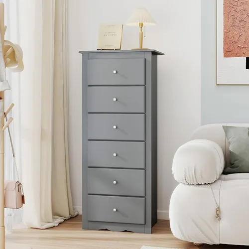 Miniatura 6 de Giantex Cómoda de 6 cajones para dormitorio, cómoda de madera con tiradores de metal y gran capacidad, 16" P x 23" A x 53.5" Al, organizador de Gris