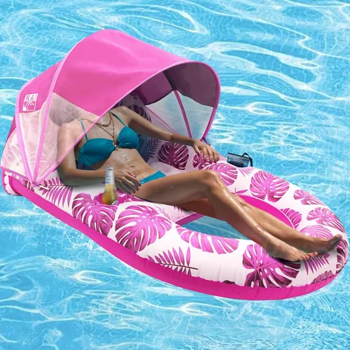 COOLCOOLDEE Flotador de Piscina con Toldo UPF50+, Flotadores de Piscina Extra Grandes para Adultos de Alta Resistencia, Flotador Inflable con Rosa