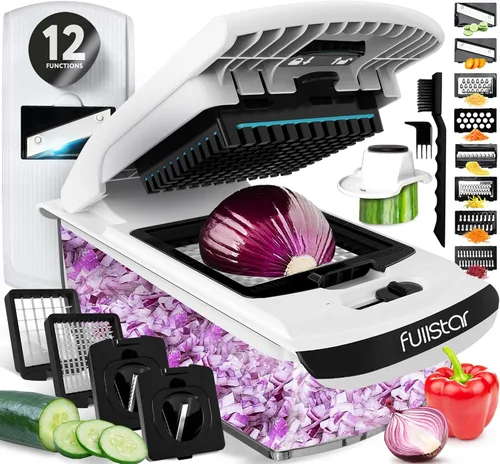 Fullstar Cortador de mandolina para cocina, picador de verduras, cebolla, papas, alimentos, verduras, frutas, con recipiente, utensilios de cocina y