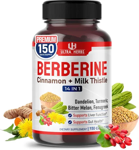 Ultra Herbs Berberina prémium con canela, cardo mariano - Promueve la función hepática, la salud intestinal y la inmunidad (150 unidades (paquete de