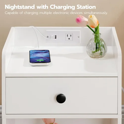Miniatura 9 de HOOBRO Mesita de noche con estación de carga, mesa auxiliar con cajón y estante de apertura, mesita de noche con puertos USB y tomas, mesita