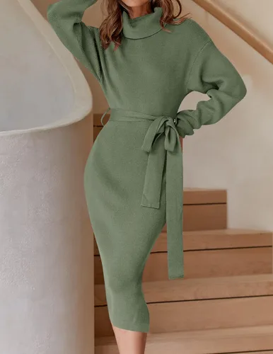 Miniatura 30 de ZESICA - Vestido por debajo de la rodilla de suéter, de cuello alto, para mujer, de manga larga, de punto acanalado, con abertura y cinturón