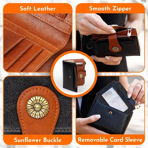 Miniatura 4 de Cartera pequeña para mujer, con bloqueo RFID, de piel suave, plegable, compacta, tarjetero para mujer, con bolsillo con cremallera, color negro