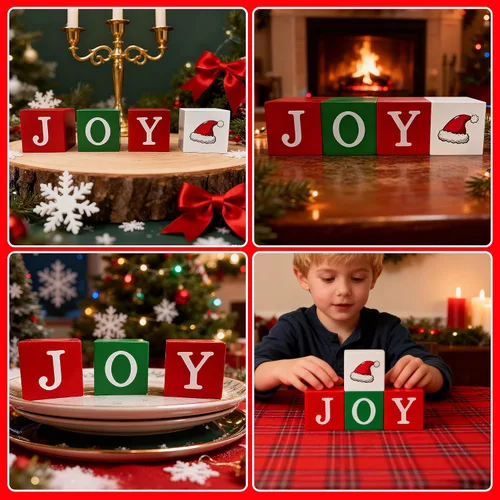 Miniatura 4 de 4 piezas de decoración de mesa de Navidad para interiores, bloques de madera, letreros rojos, verdes y blancos, centros de mesa de Navidad