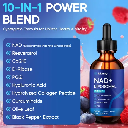 Miniatura 4 de Suplemento líquido liposomal NAD – 1500 mg NAD+ gotas para mujeres y hombres con resveratrol y ribósido de nicotinamida, PQQ, colágeno y cúrcuma
