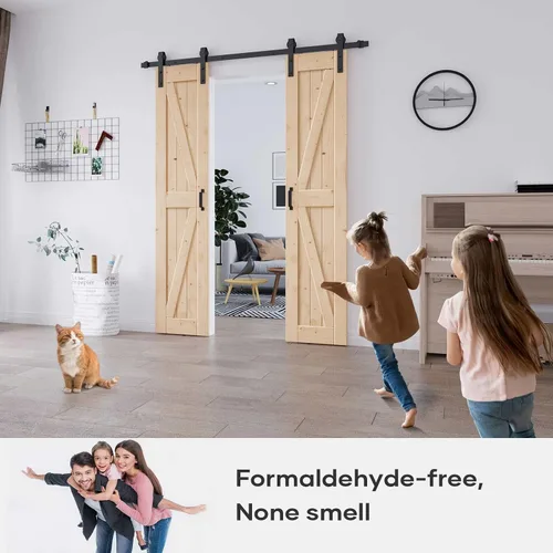 Miniatura 2 de EaseLife Puerta de granero de 36 x 84 pulgadas (puerta doble de 18 x 84 pulgadas) con herrajes para puerta corredera de 6.6 pies y asa incluidos