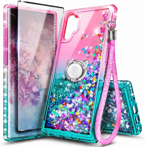 NGB Diseñada para funda Samsung Galaxy Note 10+ (Plus), Rosa/Aguamarina | Funda con Purpurina Líquida Brillante Linda para Mujeres Niñas Niños | con