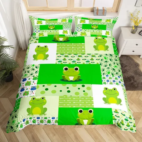 Juego de ropa de cama de rana verde, funda de edredón de anfibios tropicales para niños, niñas, adolescentes, funda de edredón geométrica con