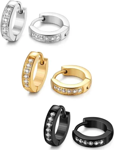 FIBO STEEL Aretes de aro pequeños de acero inoxidable de 0.512 in y 0.787 in para hombres y mujeres, aretes Huggie con incrustaciones de circonita