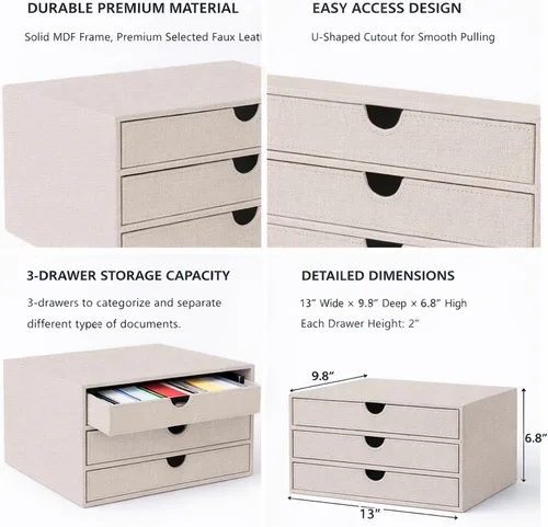 Miniatura 4 de Organizador de Documentos UnionBasic, Caja de Almacenamiento de Archivos con 3 Cajones, Organizador de Archivos para Escritorio de Oficina, Beige