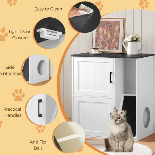 Miniatura 7 de MAHANCRIS Caja de Arena Cerrada para 2 Gatos, Mueble de Caja de Arena Oculta con Almohadilla Rascadora, Recinto de Cajas de Arena Dobles, Baño