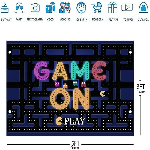 Miniatura 6 de Ticuenicoa Fondo de juego en laberinto de 5 x 3 pies, decoraciones de fiesta de videojuegos y suministros de fiesta de juegos, luces coloridas