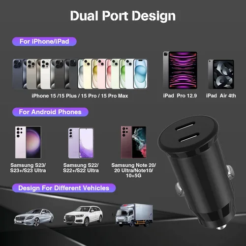 Miniatura 6 de Cargador de coche para iPhone 17 16 15 de carga rápida, cargador de coche USB C de doble puerto de 40 W con 2 cables USB C de 3 pies, adaptador