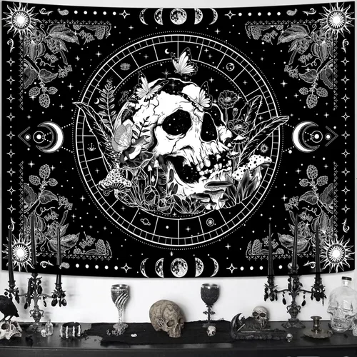 Aipon Tapiz de esqueleto en blanco y negro para dormitorio, tapiz de calavera, setas, tapices hippie, plantas naturales, flores florales, tapiz