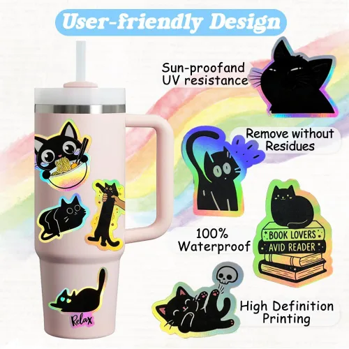 Miniatura 2 de 110 calcomanías holográficas de gato negro, divertidas y lindas calcomanías de vinilo de gato vacío, calcomanías impermeables con brillo de arcoíris