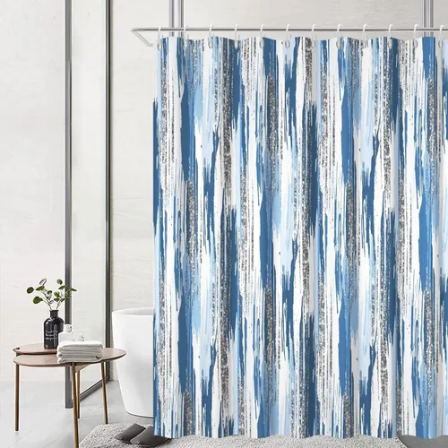 Cortina de ducha azul, juego de cortina de ducha moderna abstracta con degradado azul y plateado con ganchos, impermeable, estética minimalista para