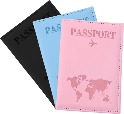 Nogeqi Funda para pasaporte para mujeres y hombres, con bloqueo Rfid con tarjetero para tarjetas de crédito, billete aéreo, 3 unidades