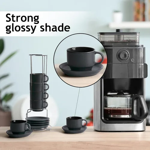 Miniatura 6 de MIAMIO - Juego de tazas de café expreso de 2.5 oz con platillos, juego de tazas de café de 6 piezas - Taza de café de cerámica apilable, taza