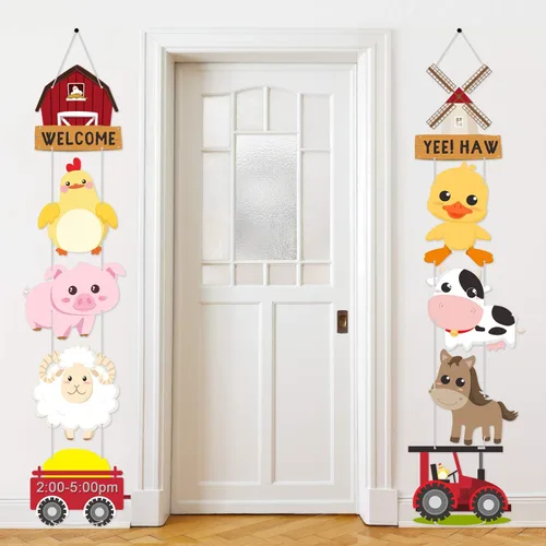 Blulu Decoraciones de fiesta temática de animales de granja, pancarta de recortes de animales de granja, letreros de puerta para baby shower,