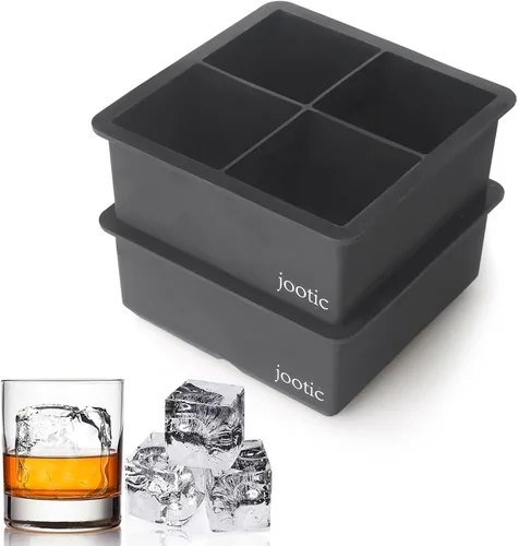 Bandejas grandes para cubitos de hielo de silicona (2.5 pulgadas), moldes grandes para hacer 4 cubitos de hielo gigantes para whisky (negro, paquete