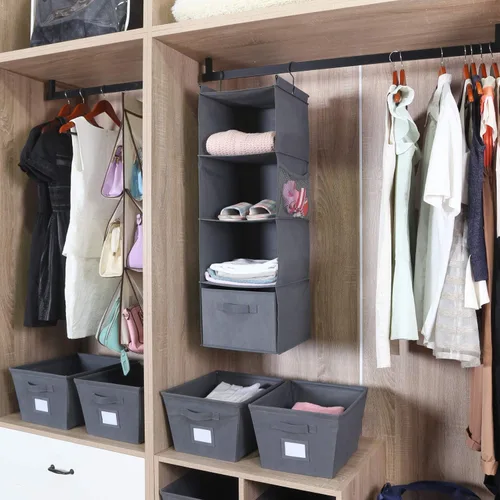 Miniatura 8 de MAX Houser Organizador de armario colgante de 4 estantes, ahorro de espacio, estantes colgantes de tela con 2 bolsillos laterales, plegable (gris)