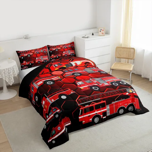 Miniatura 4 de Erosebridal Juego de edredón de camión de bomberos para niños, juego de ropa de cama de panal rojo brillante con diseño de panal de abeja