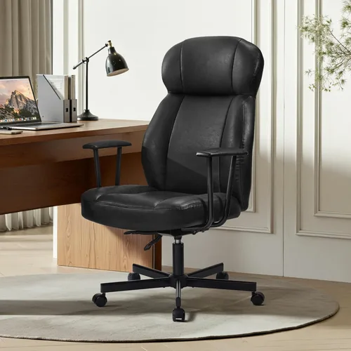 Cozyman Silla ergonómica de piel sintética para oficina en casa, silla de escritorio ejecutiva de respaldo alto con cojín de 5 capas, respaldo Negro