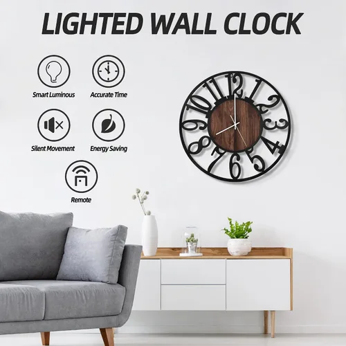 Miniatura 5 de LEIKE Relojes de pared a pilas con control remoto, luz nocturna, silencioso, sin tictac, reloj de madera grande rústico moderno para sala de estar