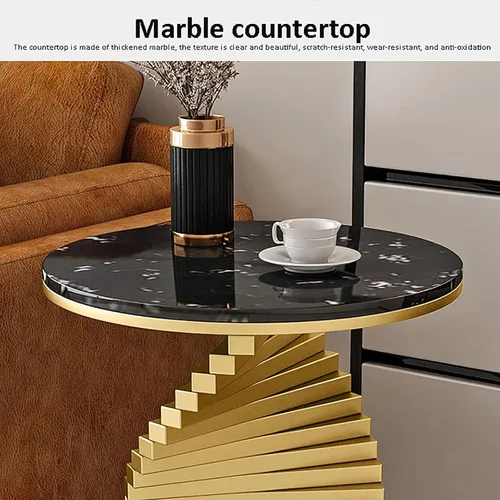 Miniatura 4 de QQXX Mesa auxiliar moderna de mármol, mesa auxiliar redonda de mármol con base de metal dorado, mesa auxiliar de mármol para sala de estar, Negro