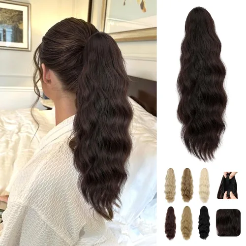 Miniatura 16 de Extensión de cola de caballo de 18 pulgadas, extensiones de cola de caballo sintéticas de aspecto natural, extensiones de cabello para mujer, rubio