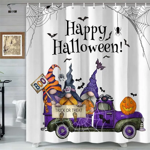 Miniatura 11 de Cortinas de ducha de Halloween para baño, bonito juego de cortinas de baño de calabaza fantasma, cortina de ducha floral de otoño y otoño, tela