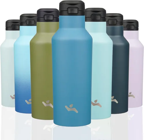 Miniatura 22 de Konokyo - Botella de agua aislada con popote, termo de agua de acero inoxidable de doble pared de 17 onzas con 2 tapas, azul lago