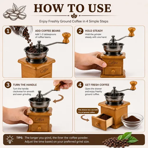 Miniatura 8 de Molinillo de café manual de madera vintage, molinillo de manivela decorativo retro con rebabas de cerámica, molinillo de granos de café antiguo