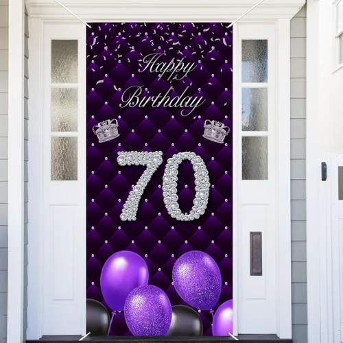 Miniatura 17 de Cartel morado de feliz primer cumpleaños telón de fondo para cabina de fotos, globos de corona plateada, decoración temática para niña, aniversario