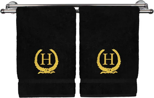 Miniatura 152 de Toalla de mano con monograma, regalo personalizado, 16 x 30 pulgadas, diseño de corona dorada bordada con letra blanca en toalla negra, extra
