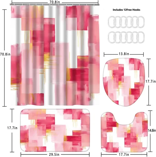 Miniatura 4 de Yddsky 4 Pcs Pink and Gold Geometric Shower Curtain Sets Non-Slip Bath Rugs, Bathroom Accessories,Bathroom Sets with Shower Curtain and Rugs, Pink
