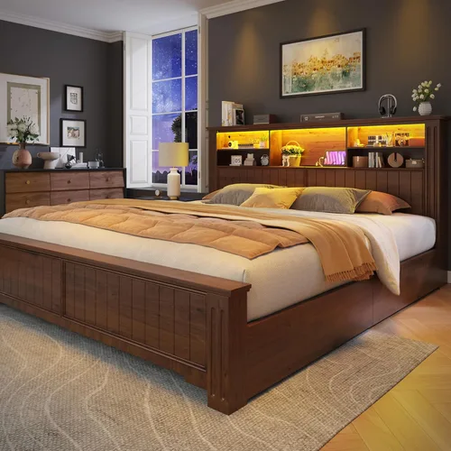 Miniatura 10 de EnHomee Base de cama King y cabecero, marco de cama tamaño King con 4 cajones de almacenamiento, cama King con luces LED y puertos de carga,