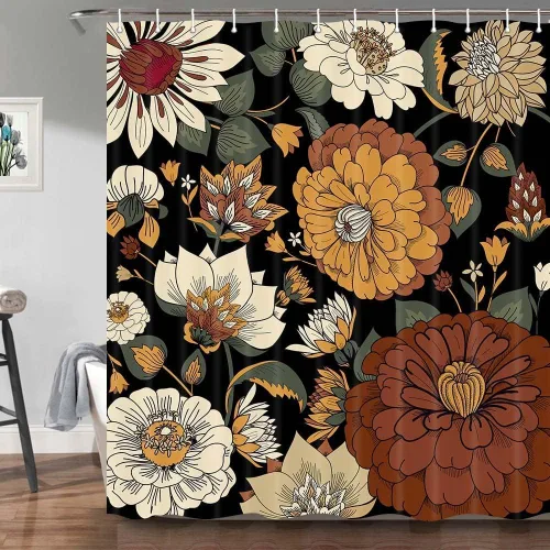 Miniatura 16 de Torich Cortina de ducha floral bohemia, abstracta de mediados de siglo, decoración bohemia, cortinas de baño, flores botánicas, hojas tropicales