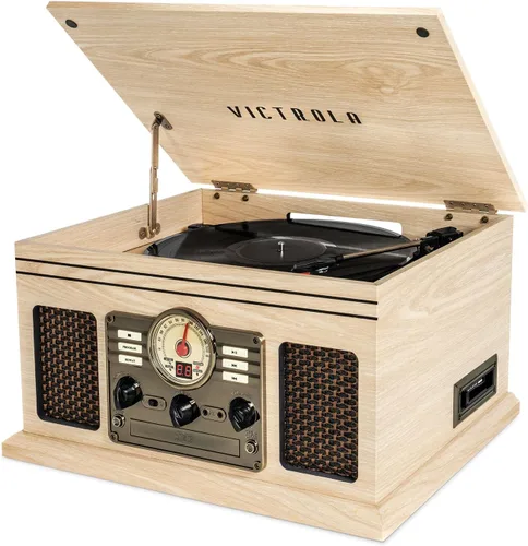 Victrola The Quincy - Reproductor de discos Bluetooth 6 en 1 y centro multimedia con altavoces integrados, tocadiscos de 3 velocidades, reproductor
