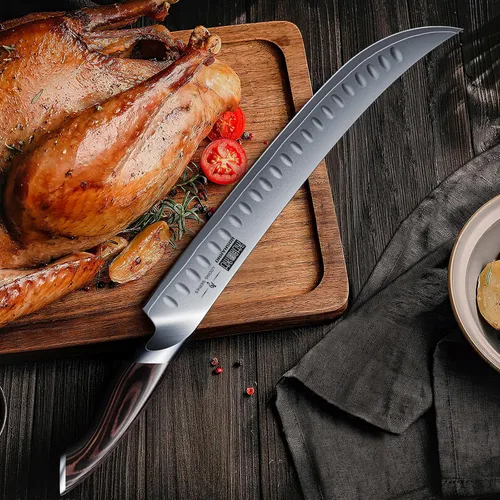 Miniatura 5 de HOSHANHO - Cuchillo de 12 pulgadas para rebanar y tallar de acero japonés de alto carbono con mango ergonómico de madera de Pakka, cuchillos