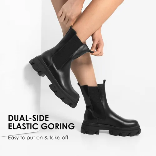 Miniatura 3 de DREAM PAIRS Botas Chelsea de plataforma para mujer, con suela de lengüeta, de combate, a media pantorrilla, botines gruesos