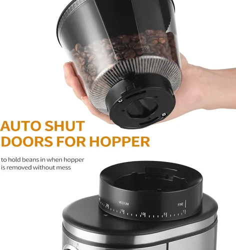 Miniatura 9 de Ollygrin Molinillo de café de rebabas, molinillo de café cónico eléctrico con 30 ajustes de molienda ajustables para 2-12 tazas, plateado y negro