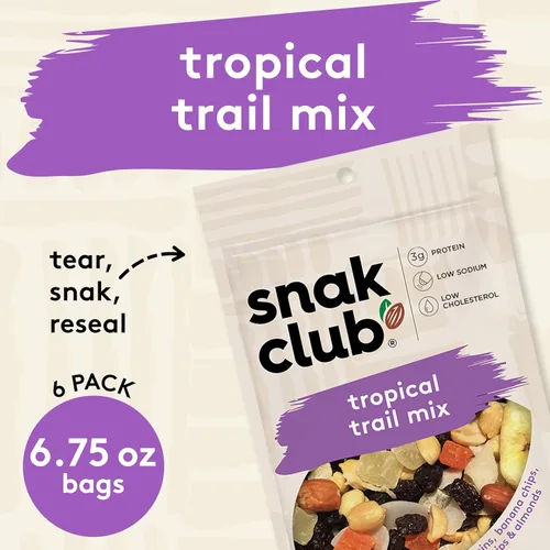 Miniatura 3 de Snak Club Tropical Trail Mix con cacahuetes, papaya seca, pasas, chips de plátano, piña seca, chips de coco y almendras, aperitivo sin gluten